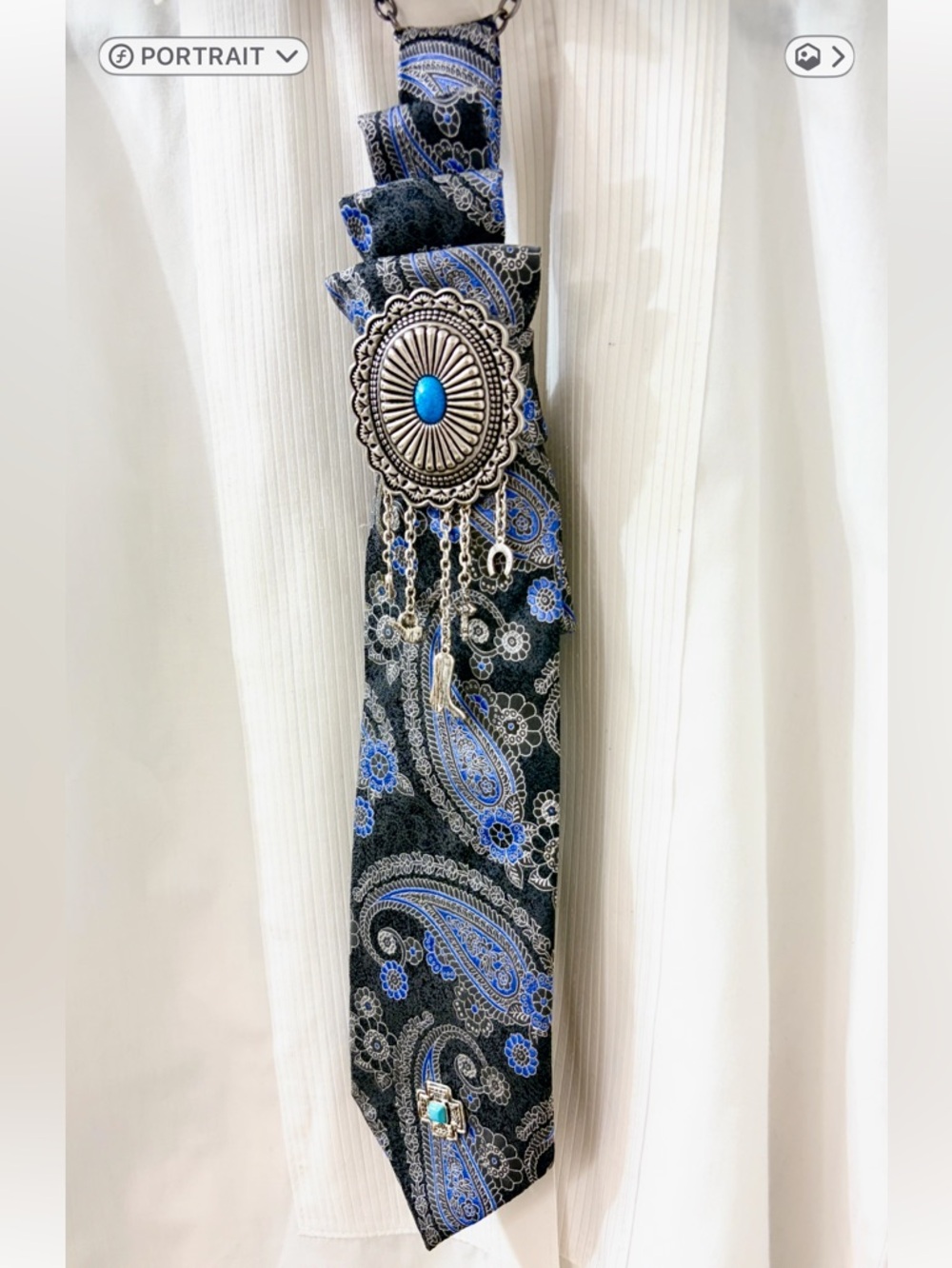 Blue Paisley Tie Necklace Accessory with Silver Concho Western Unique Upcycled - Picture 2 of 5